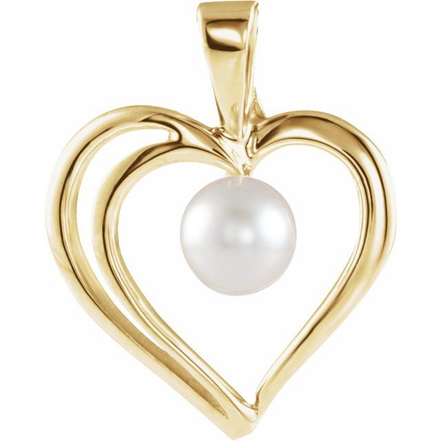 14K Yellow Cultured White Akoya Pearl Heart Pendant