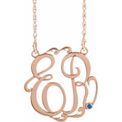 14K Rose Gold-Plated Sterling Silver 25 mm 2-Initial Imitation Blue Sapphire Script Monogram Necklace