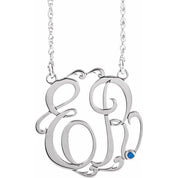 Rhodium-Plated Sterling Silver 20 mm 2-Initial Imitation Blue Sapphire Script Monogram Necklace