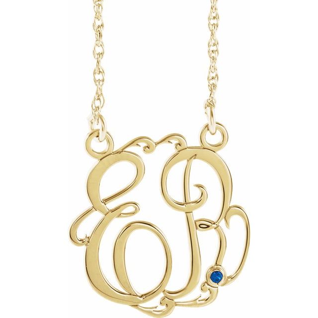 10K Imitation Blue Sapphire Script Monogram Necklace with 2 or 3 Initials in Various Sizes