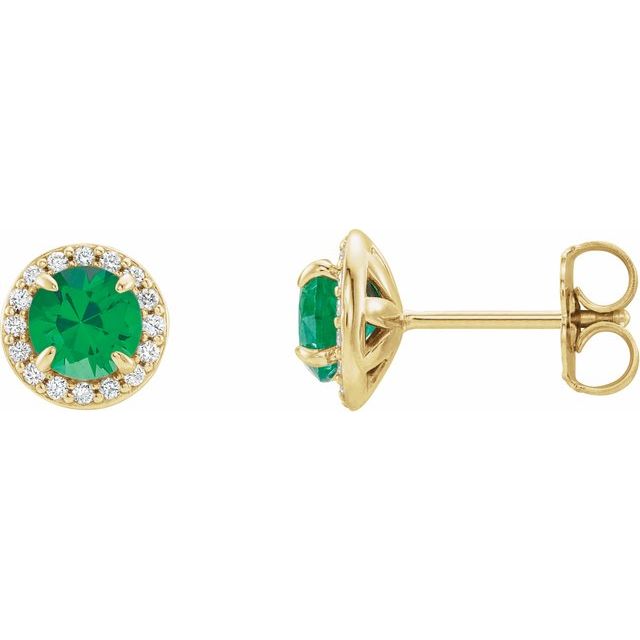 14K Yellow 4 mm Lab-Grown Emerald & 1/10 CTW Natural Diamond Earrings