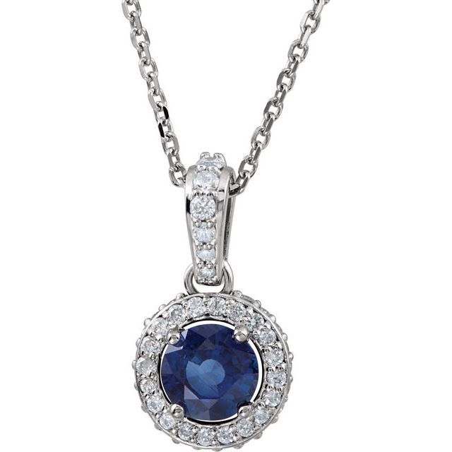 14K White Natural Blue Sapphire & 1/5 CTW Natural Diamond 18" Necklace