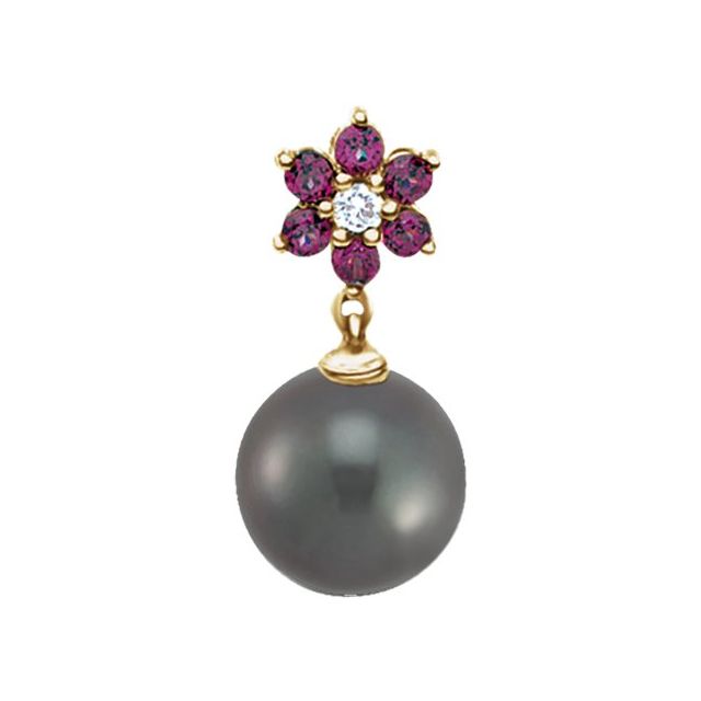 14K Yellow Cultured Gray Tahitian Pearl & .06 CTW Natural Diamond& Natural Rhodolite Garnet Pendant