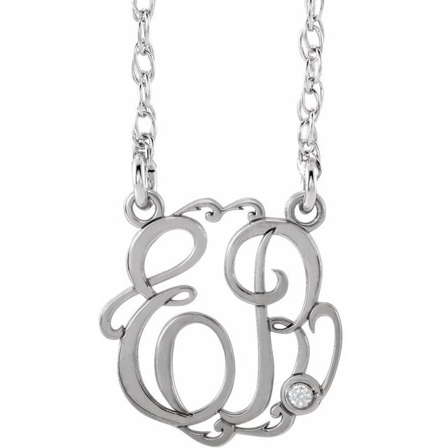 Rhodium-Plated Sterling Silver 25 mm 2-Initial .02 CT Natural Diamond Script Monogram Necklace