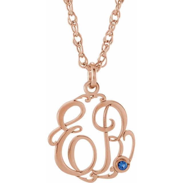 14K Rose Gold-Plated Sterling Silver Imitation Blue Sapphire 2-Initial Script Monogram Necklace