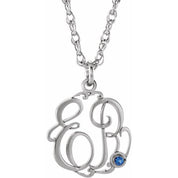 Rhodium-Plated Sterling Silver Imitation Blue Sapphire 2-Initial Script Monogram Necklace