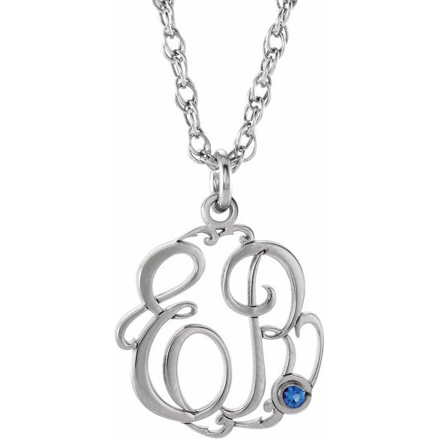 Rhodium-Plated Sterling Silver Imitation Blue Sapphire 2-Initial Script Monogram Necklace