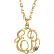 10K Imitation Blue Sapphire Script Monogram Necklace with 2 or 3 Initials in Various Sizes