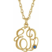 10K Imitation Blue Sapphire Script Monogram Necklace with 2 or 3 Initials in Various Sizes