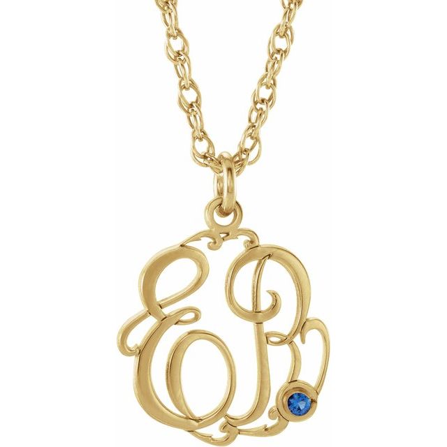 10K Imitation Blue Sapphire Script Monogram Necklace with 2 or 3 Initials in Various Sizes