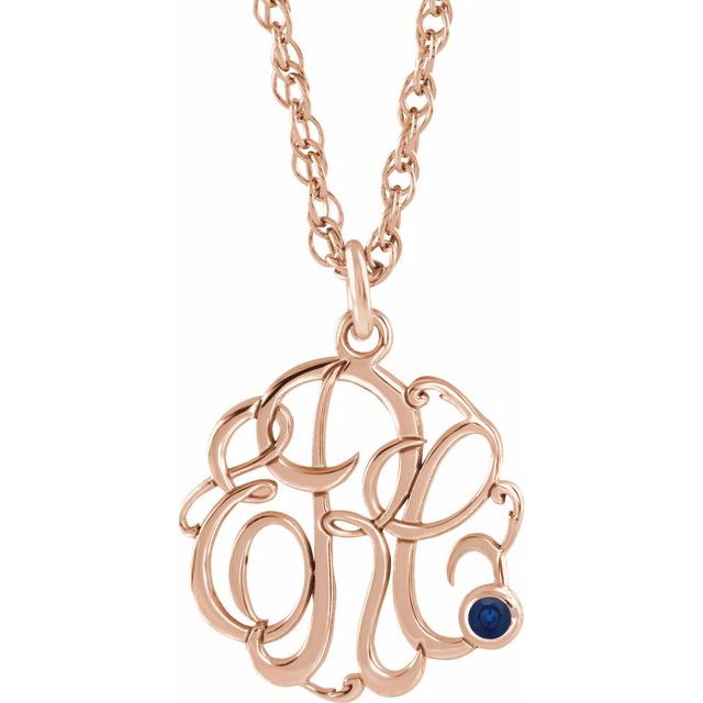 14K Rose Gold-Plated Sterling Silver Imitation Blue Sapphire 3-Initial Script Monogram Necklace