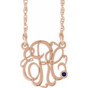 14K Rose Gold-Plated Sterling Silver 20 mm 3-Initial Imitation Blue Sapphire Script Monogram Necklace