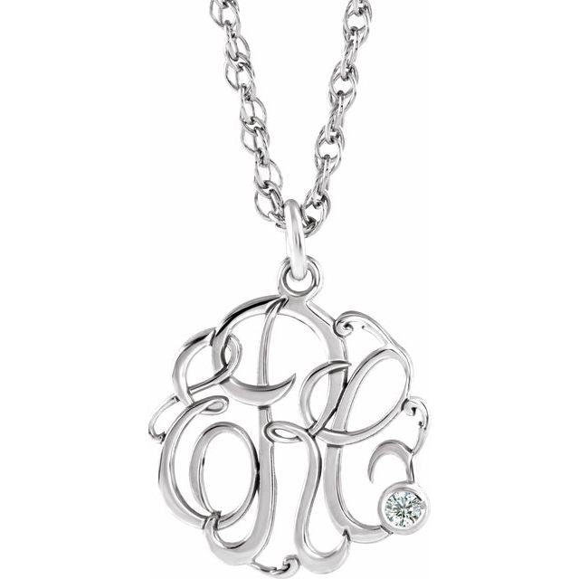 Rhodium-Plated Sterling Silver Imitation Diamond 3-Initial Script Monogram Necklace