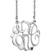 Rhodium-Plated Sterling Silver 20 mm 3-Initial Imitation Blue Sapphire Script Monogram Necklace