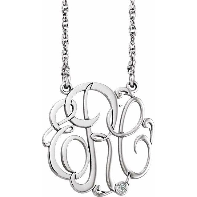 Rhodium-Plated Sterling Silver 20 mm 3-Initial .02 CT Natural Diamond Script Monogram Necklace