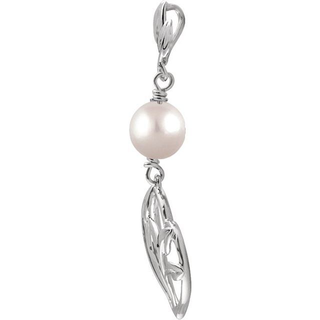 14K White Cultured White Freshwater Pearl Leaf Heart Pendant