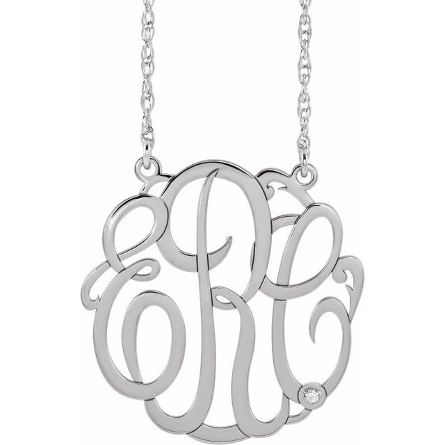 Rhodium-Plated Sterling Silver 30 mm 3-Initial .02 CT Natural Diamond Script Monogram Necklace