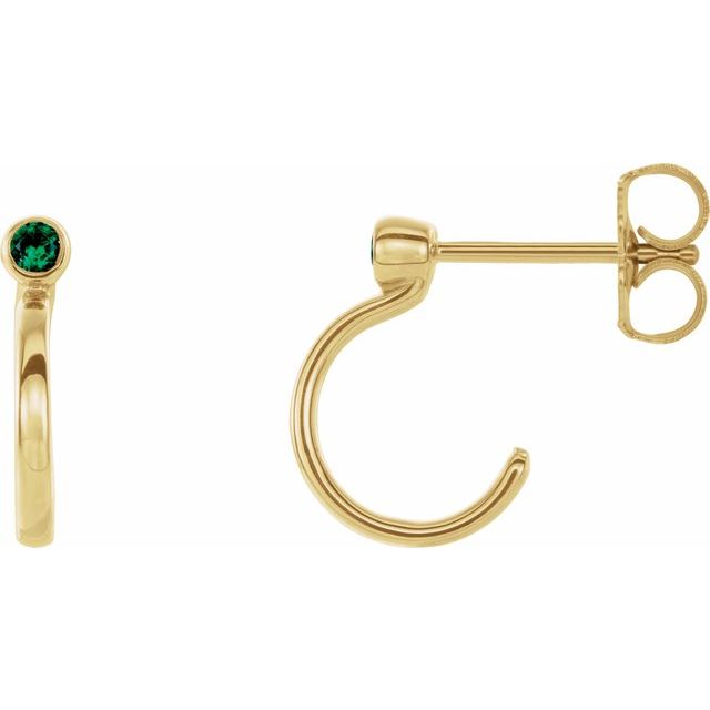 14K Yellow 3 mm Lab-Grown Emerald Huggie J-Hoop Earring