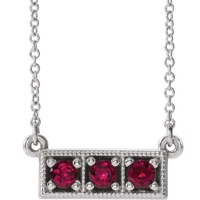 14K White Natural Ruby Three-Stone Bar 16-18" Necklace