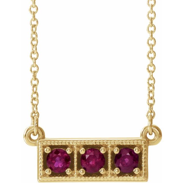 14K Yellow Natural Ruby Three-Stone Bar 16-18" Necklace