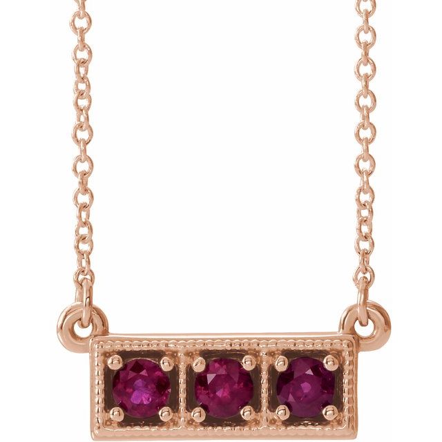 14K Rose Natural Ruby Three-Stone Bar 16-18" Necklace