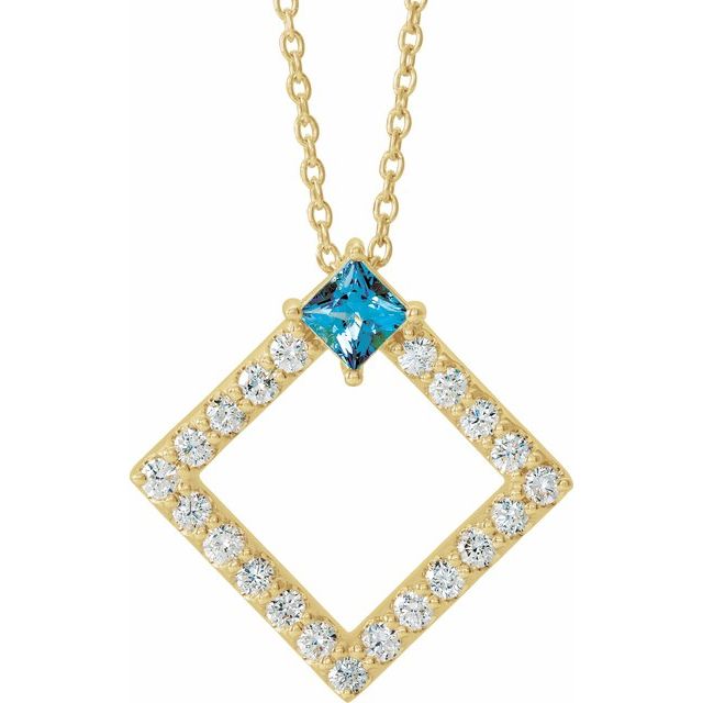 14K Yellow Natural Aquamarine & 3/8 CTW Natural Diamond 16-18" Necklace
