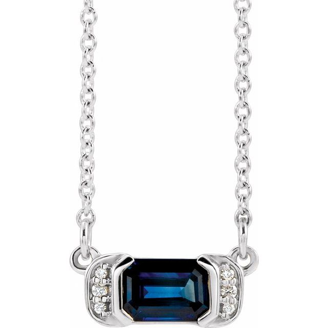 14K White Lab-Grown Blue Sapphire & .02 CTW Natural Diamond Bar 16" Necklace