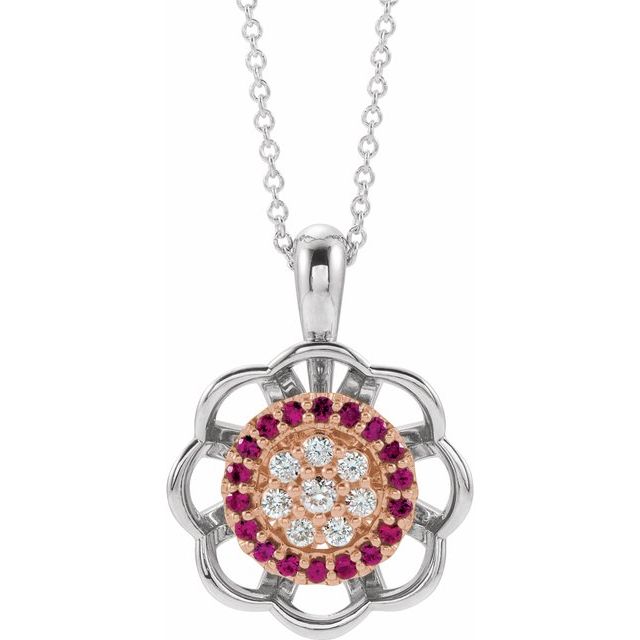 14K White/Rose Natural Ruby & 1/6 CTW Natural Diamond 16-18" Necklace