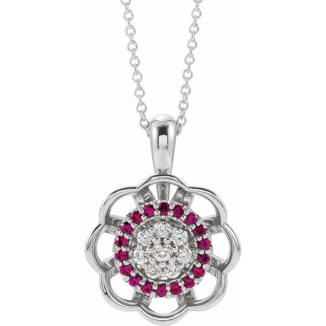 Sterling Silver Natural Ruby & 1/6 CTW Natural Diamond 16-18" Necklace