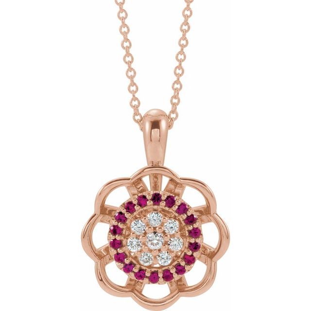 14K Rose Natural Ruby & 1/6 CTW Natural Diamond 16-18" Necklace