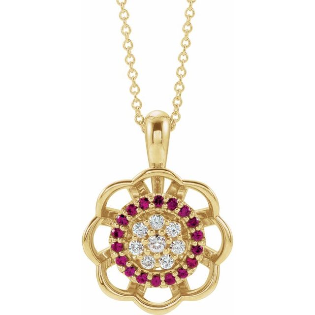 14K Yellow Natural Ruby & 1/6 CTW Natural Diamond 16-18" Necklace