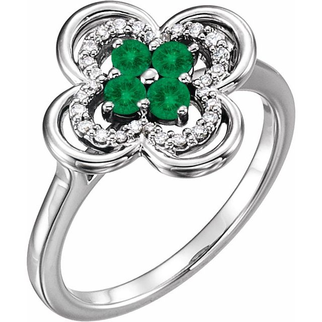 14K White Lab-Grown Emerald & 1/10 CTW Diamond Ring