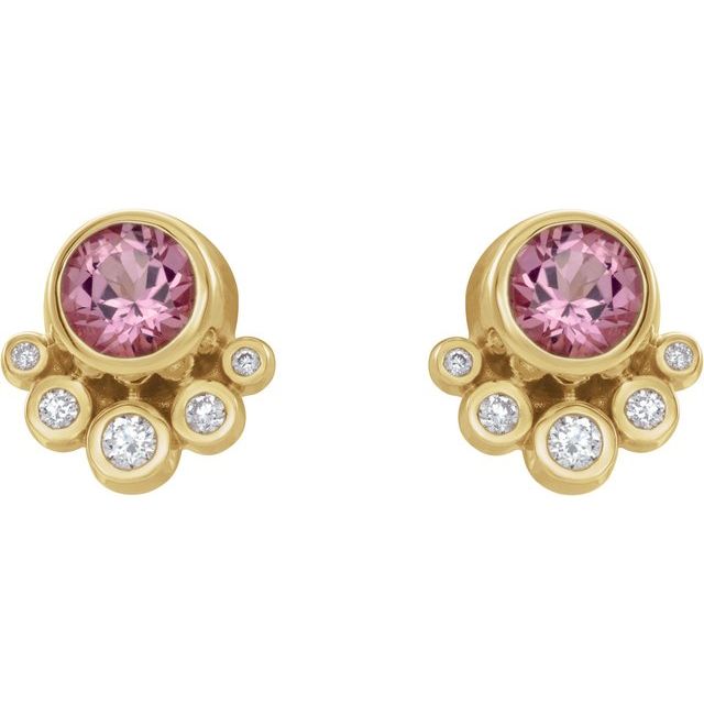 14K Yellow Natural Pink Tourmaline & 1/8 CTW Natural Diamond Earrings