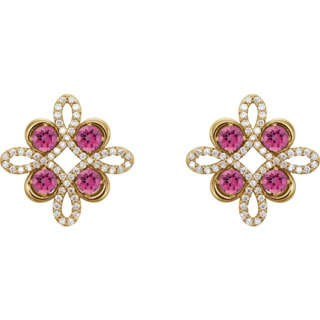 14K Yellow Natural Pink Tourmaline & 1/4 CTW Natural Diamond Earrings