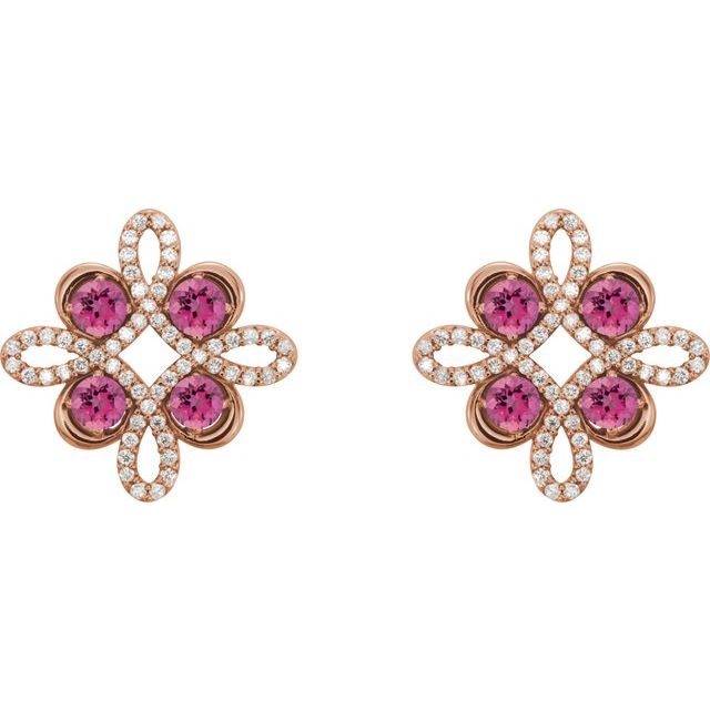 14K Rose Natural Pink Tourmaline & 1/4 CTW Natural Diamond Earrings