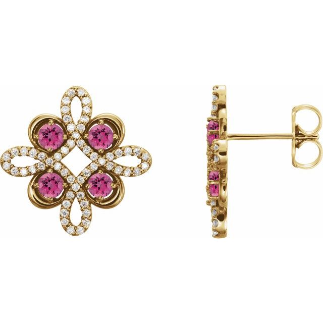 14K Yellow Natural Pink Tourmaline & 1/4 CTW Natural Diamond Earrings
