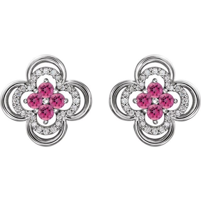 Sterling Silver Natural Pink Tourmaline & 1/5 CTW Natural Diamond Clover Earrings