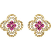 14K Yellow Natural Pink Tourmaline & 1/5 CTW Natural Diamond Clover Earrings