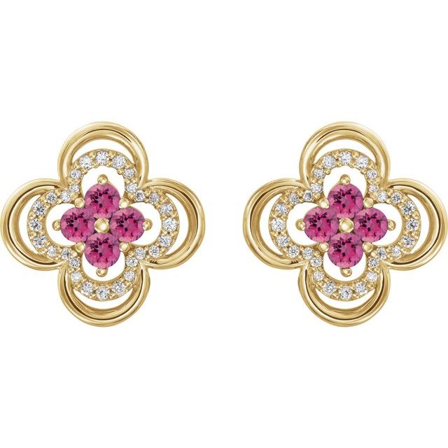 14K Yellow Natural Pink Tourmaline & 1/5 CTW Natural Diamond Clover Earrings