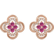 14K Rose Natural Pink Tourmaline & 1/5 CTW Natural Diamond Clover Earrings