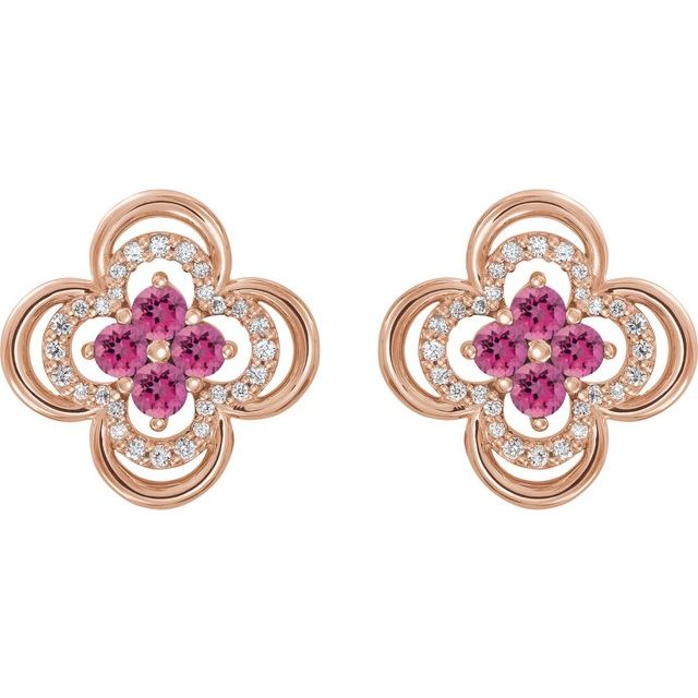 14K Rose Natural Pink Tourmaline & 1/5 CTW Natural Diamond Clover Earrings