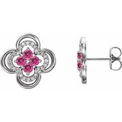Sterling Silver Natural Pink Tourmaline & 1/5 CTW Natural Diamond Clover Earrings