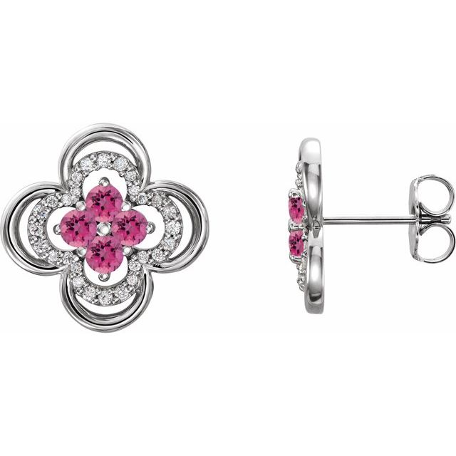 Sterling Silver Natural Pink Tourmaline & 1/5 CTW Natural Diamond Clover Earrings