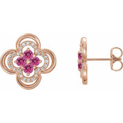 14K Rose Natural Pink Tourmaline & 1/5 CTW Natural Diamond Clover Earrings