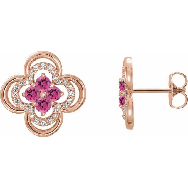 14K Rose Natural Pink Tourmaline & 1/5 CTW Natural Diamond Clover Earrings
