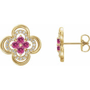14K Yellow Natural Pink Tourmaline & 1/5 CTW Natural Diamond Clover Earrings