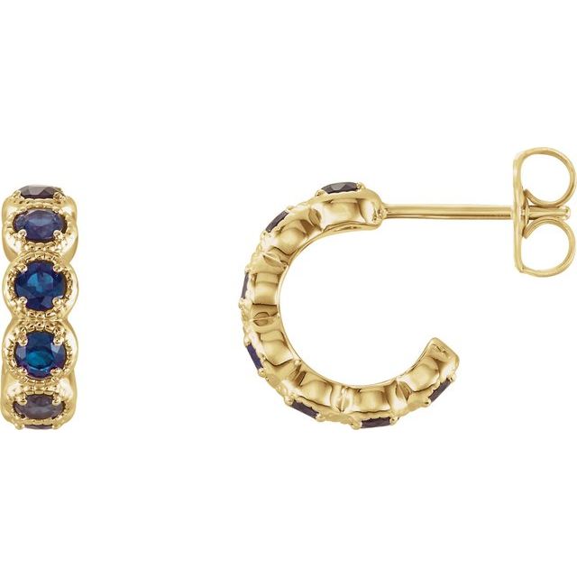 14K Yellow Lab-Grown Blue Sapphire Hoop Earrings
