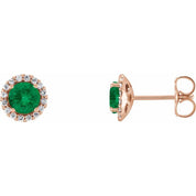 14K Rose 4 mm Lab-Grown Emerald & 1/10 CTW Natural Diamond Earrings