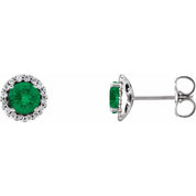 14K White 3.5 mm Lab-Grown Emerald & 1/10 CTW Natural Diamond Earrings