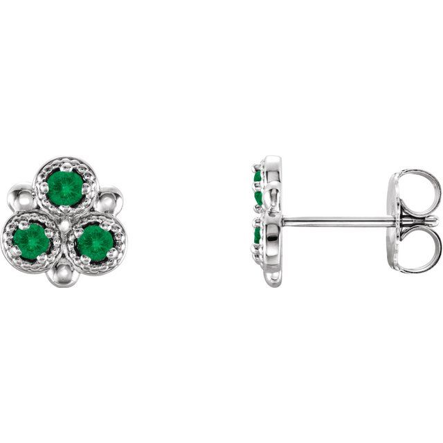 14K White Lab-Grown Emerald Three-Stone Earrings